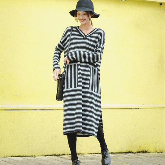 Women Fashion Gray Striped Loose Sweater Dresses For Winter