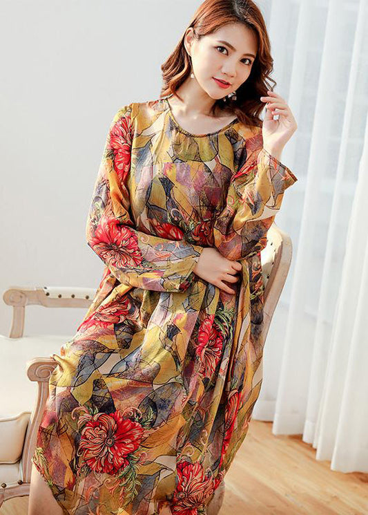Women Floral Loose Polyester Split Vintage Midi Dress
