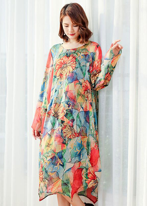 Women Floral Loose Polyester Split Vintage Midi Dress