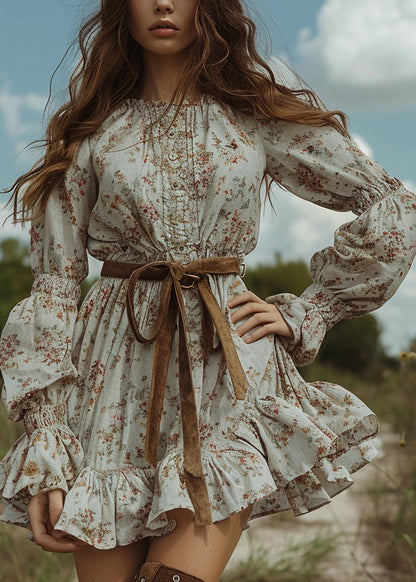Women Floral Pastoral Style Ruffled Mini Dresses Long Sleeve