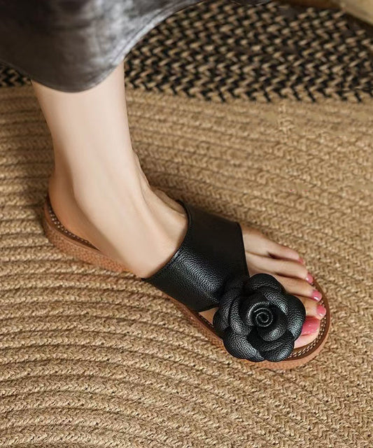 Women Floral Splicing Comfy Flip Flops Black Cowhide Leather