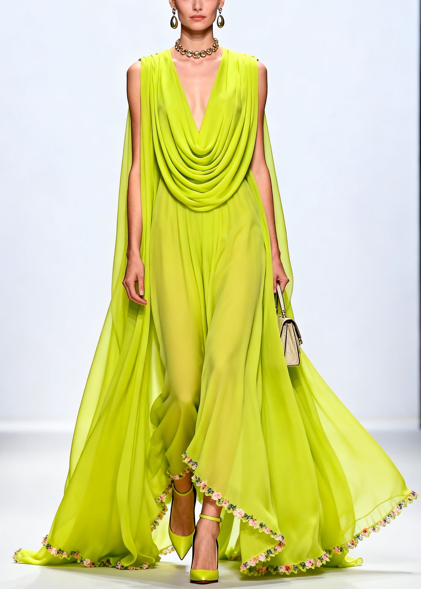 Women Fluorescent Green Turtle Neck Exra Large Hem Chiffon Party Dress Sleeveless