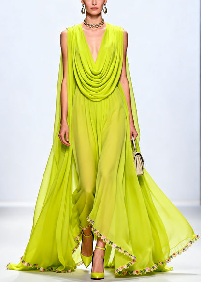 Women Fluorescent Green Turtle Neck Exra Large Hem Chiffon Party Dress Sleeveless
