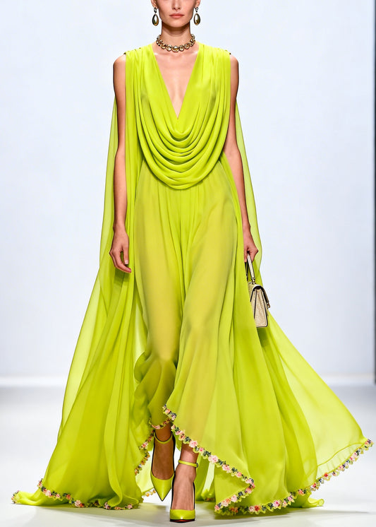 Women Fluorescent Green Turtle Neck Exra Large Hem Chiffon Party Dress Sleeveless