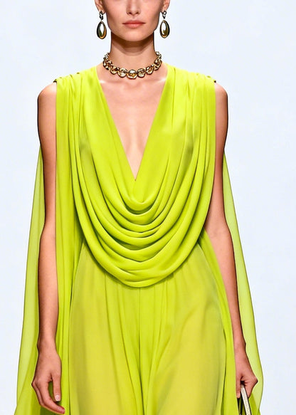 Women Fluorescent Green Turtle Neck Exra Large Hem Chiffon Party Dress Sleeveless