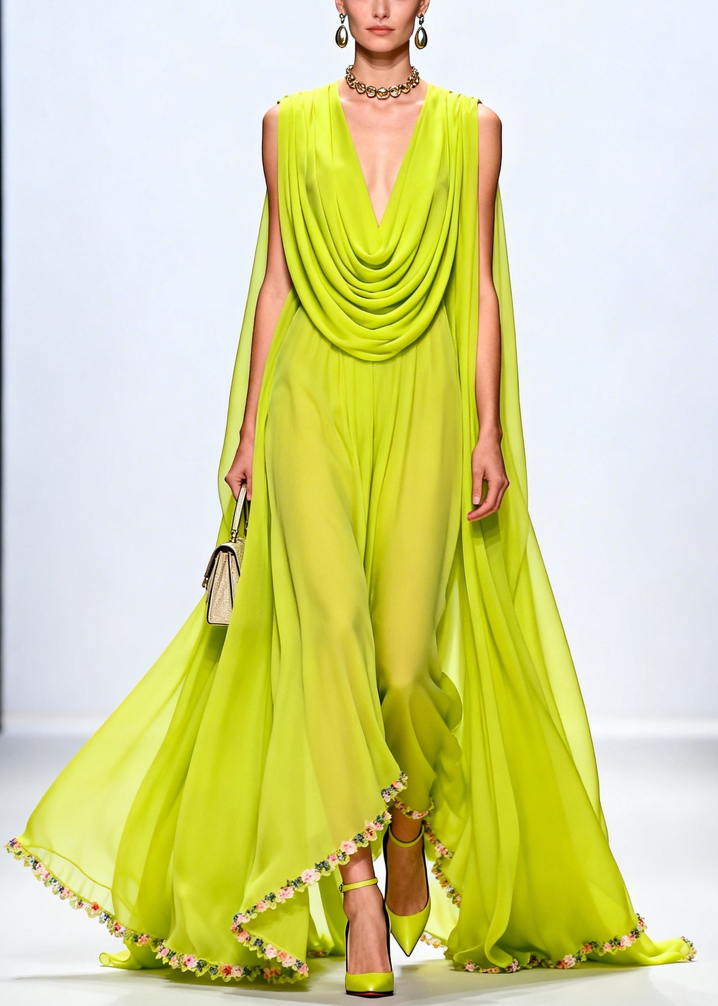 Women Fluorescent Green Turtle Neck Exra Large Hem Chiffon Party Dress Sleeveless