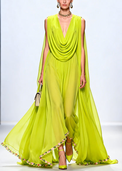 Women Fluorescent Green Turtle Neck Exra Large Hem Chiffon Party Dress Sleeveless