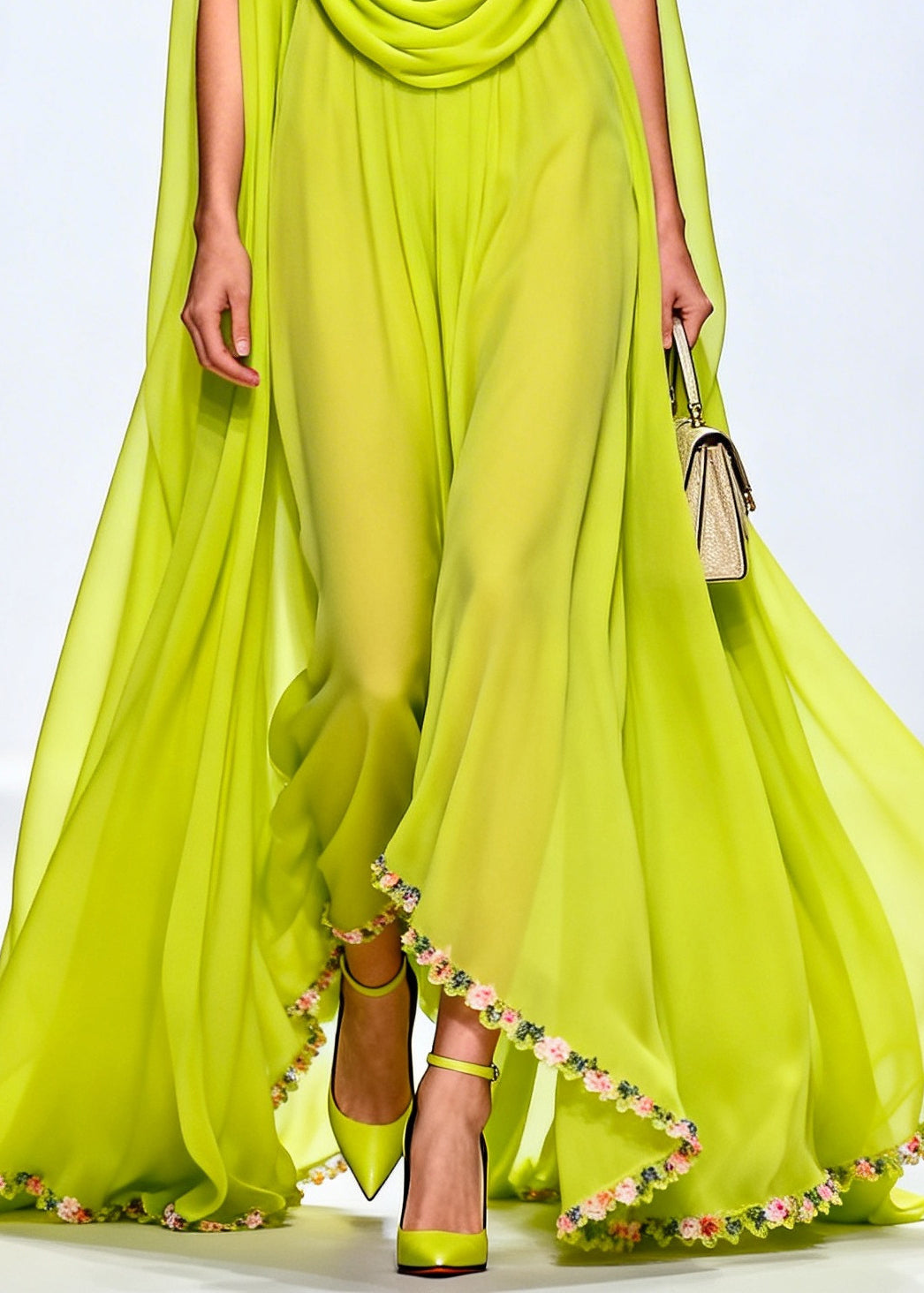 Women Fluorescent Green Turtle Neck Exra Large Hem Chiffon Party Dress Sleeveless