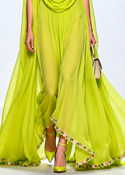 Women Fluorescent Green Turtle Neck Exra Large Hem Chiffon Party Dress Sleeveless