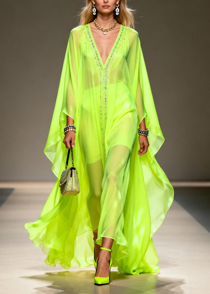 Women Fluorescent Green V Neck Zircon Chiffon Robe Dresses Summer
