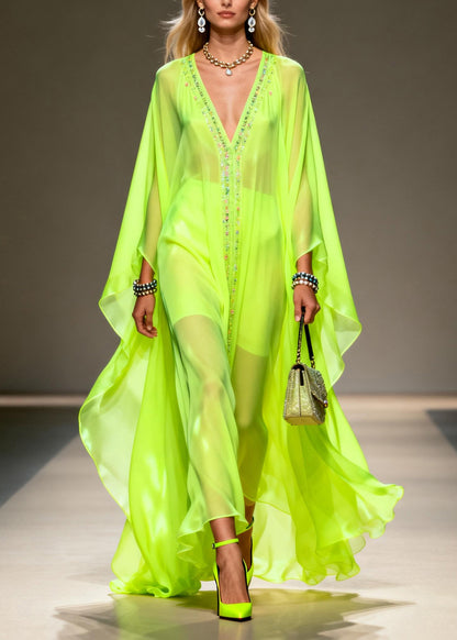 Women Fluorescent Green V Neck Zircon Chiffon Robe Dresses Summer