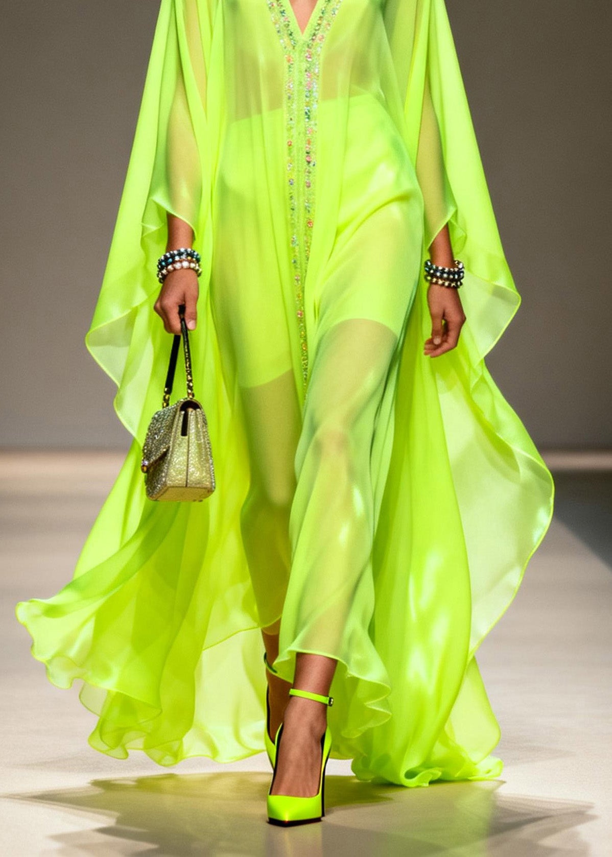 Women Fluorescent Green V Neck Zircon Chiffon Robe Dresses Summer
