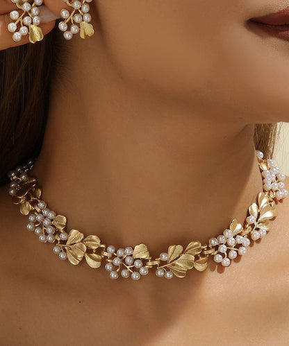 Women Ginkgo Leaf Copper With Hollow Out Pearl Collar Necklace And Stud Earrings Two Piece Set