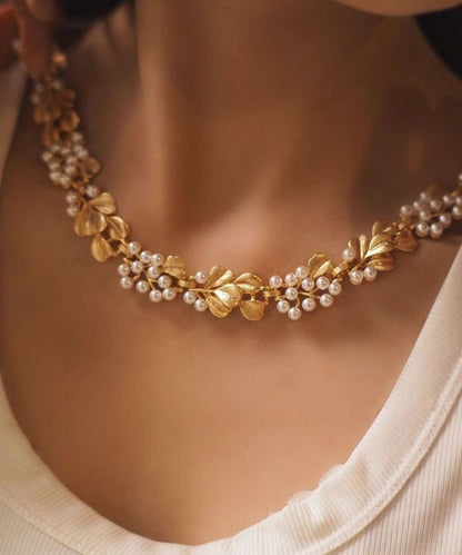 Women Ginkgo Leaf Copper With Hollow Out Pearl Collar Necklace And Stud Earrings Two Piece Set