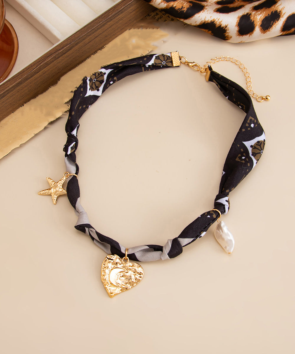 Women Gold Chiffon Alloy Pentagram Heart-Shaped Pendant Necklace