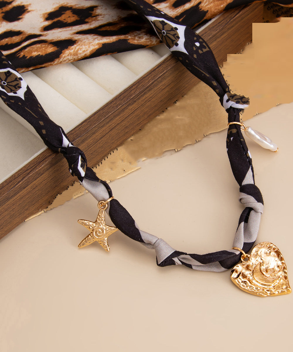 Women Gold Chiffon Alloy Pentagram Heart-Shaped Pendant Necklace