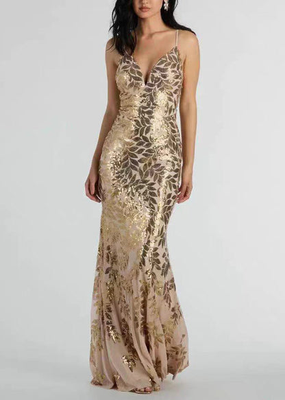 Women Gold V Neck Backless Sequins Holiday Dress Sleeveless