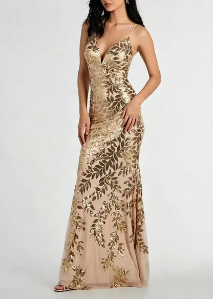 Women Gold V Neck Backless Sequins Holiday Dress Sleeveless