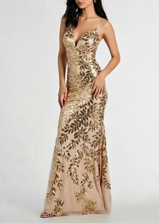 Women Gold V Neck Backless Sequins Holiday Dress Sleeveless