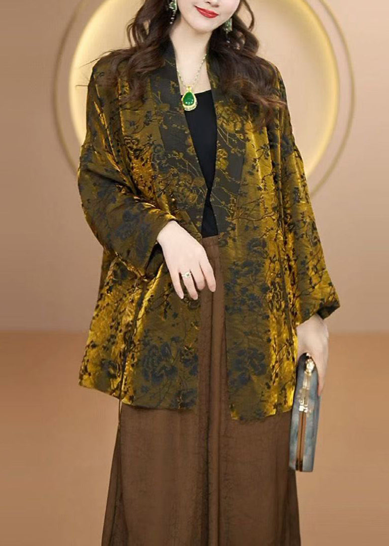 Women Gold V Neck Jacquard Silk Cardigan Fall