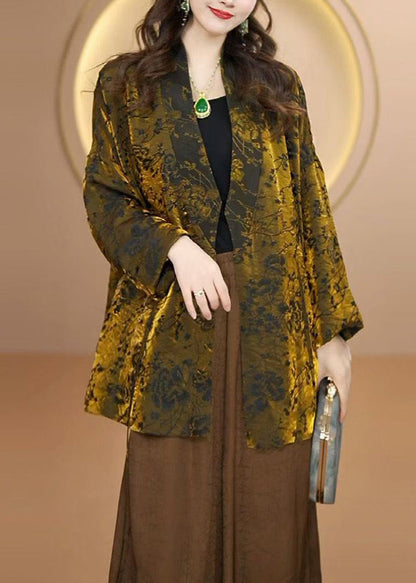 Women Gold V Neck Jacquard Silk Cardigan Fall