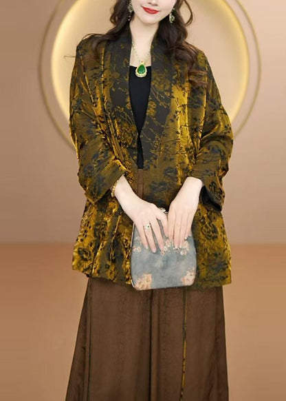 Women Gold V Neck Jacquard Silk Cardigan Fall