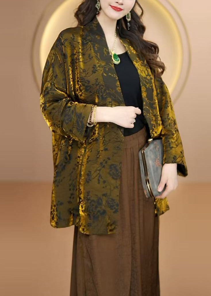 Women Gold V Neck Jacquard Silk Cardigan Fall