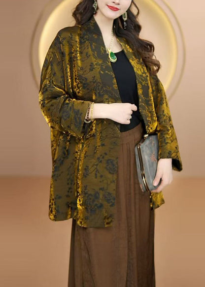 Women Gold V Neck Jacquard Silk Cardigan Fall