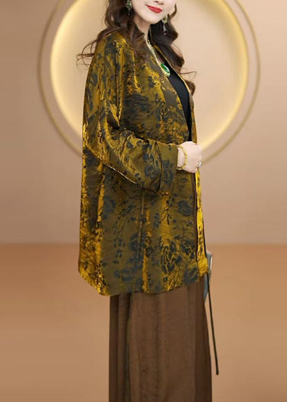 Women Gold V Neck Jacquard Silk Cardigan Fall