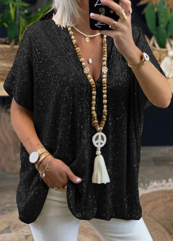 Women Gold V Neck Sequins Plus Size Tops Summer