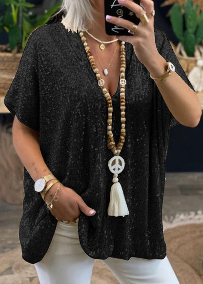 Women Gold V Neck Sequins Plus Size Tops Summer