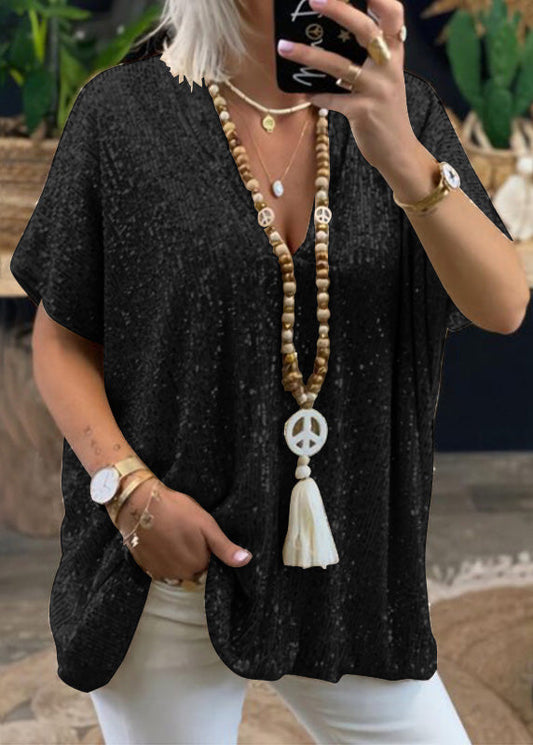 Women Gold V Neck Sequins Plus Size Tops Summer