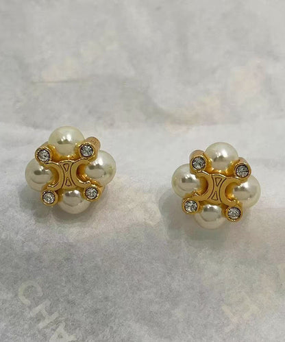 Women Gold Zircon Copper Pearl Floral Stud Earrings