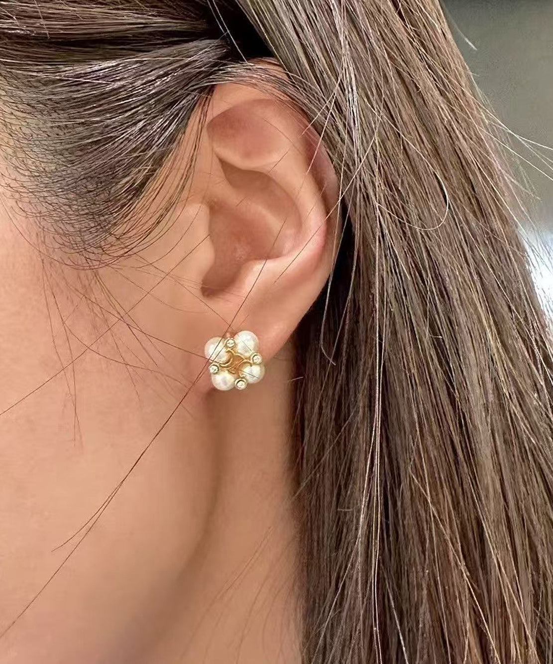 Women Gold Zircon Copper Pearl Floral Stud Earrings