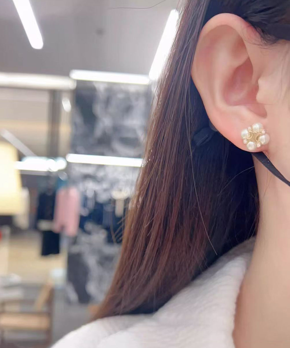 Women Gold Zircon Copper Pearl Floral Stud Earrings