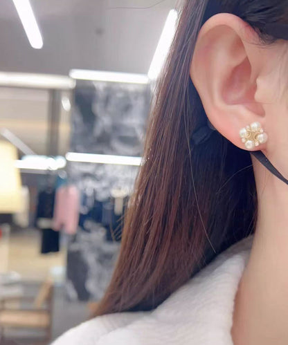 Women Gold Zircon Copper Pearl Floral Stud Earrings