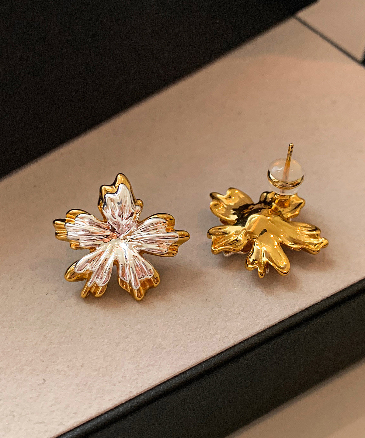Women Golden And Silvery Flower Shape Metal Stud Earrings