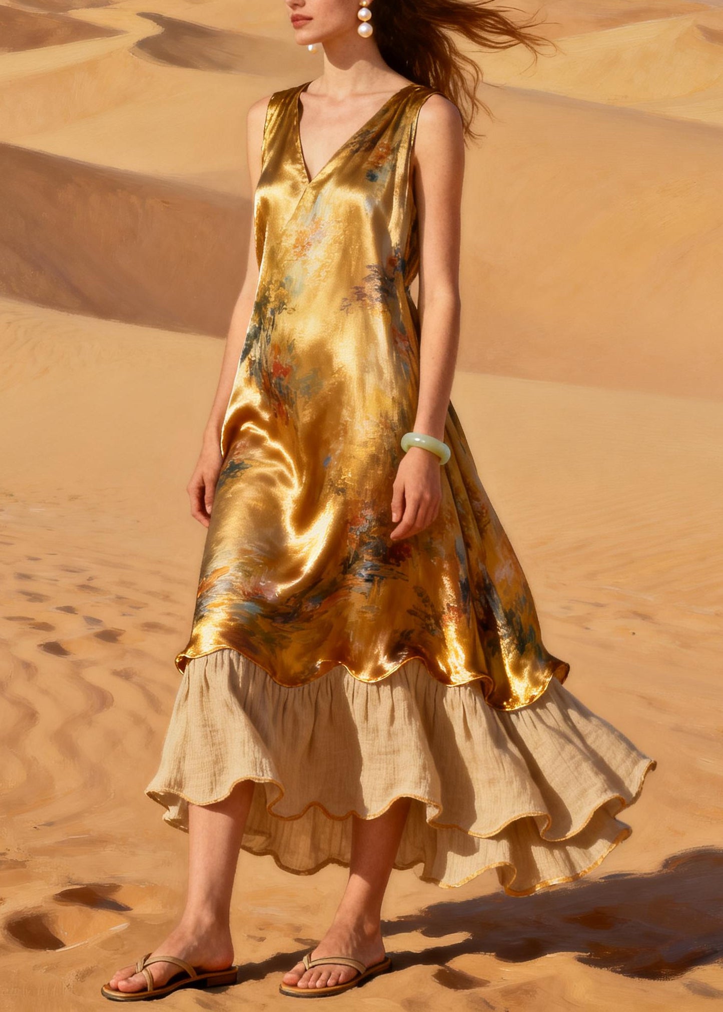 Women Golden Oversized Patchwork Linen Silk Fake Two Piece Dresses Summer