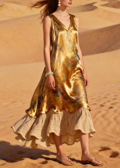 Women Golden Oversized Patchwork Linen Silk Fake Two Piece Dresses Summer