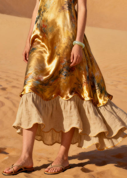Women Golden Oversized Patchwork Linen Silk Fake Two Piece Dresses Summer