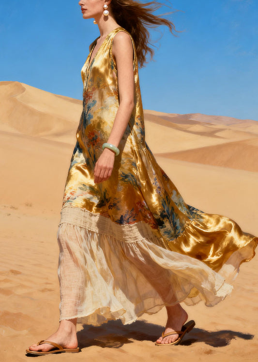 Women Golden V Neck Patchwork Linen Silk Vacation Dresses Summer