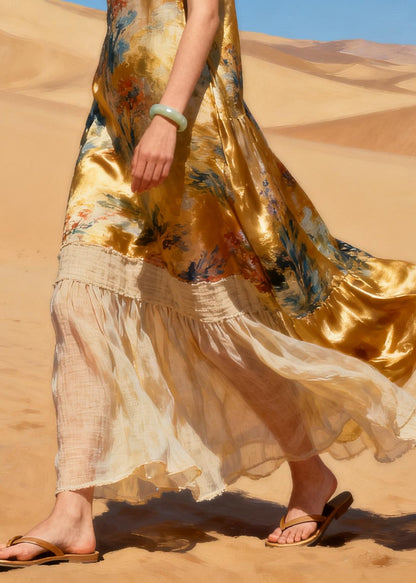 Women Golden V Neck Patchwork Linen Silk Vacation Dresses Summer