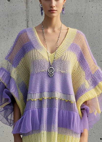 Women Gradient Color Oversized Patchwork Tulle Sweater Dress Fall
