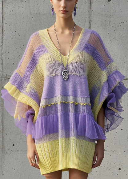 Women Gradient Color Oversized Patchwork Tulle Sweater Dress Fall