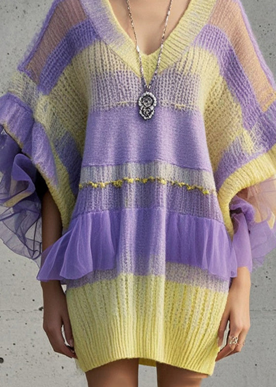 Women Gradient Color Oversized Patchwork Tulle Sweater Dress Fall