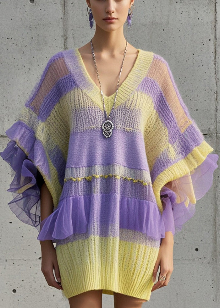 Women Gradient Color Oversized Patchwork Tulle Sweater Dress Fall
