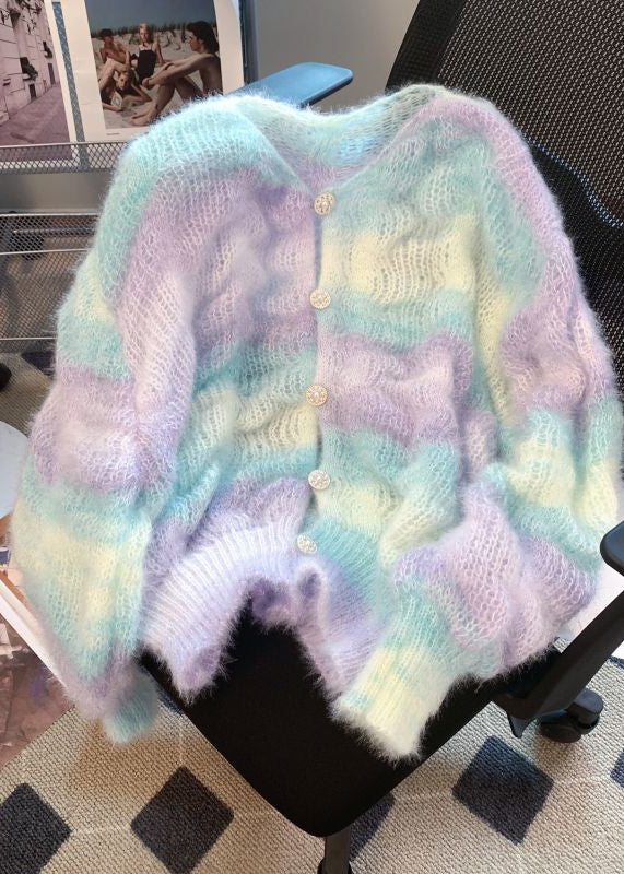 Women Gradient Color V Neck Warm Knit Cardigan Winter