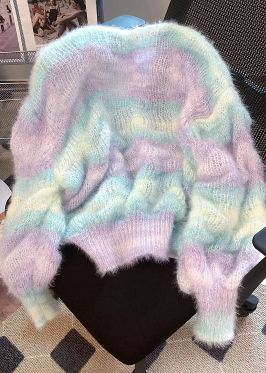 Women Gradient Color V Neck Warm Knit Cardigan Winter