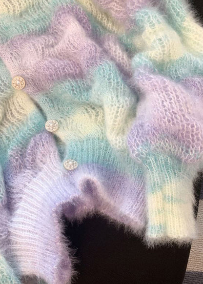 Women Gradient Color V Neck Warm Knit Cardigan Winter