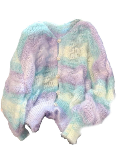 Women Gradient Color V Neck Warm Knit Cardigan Winter